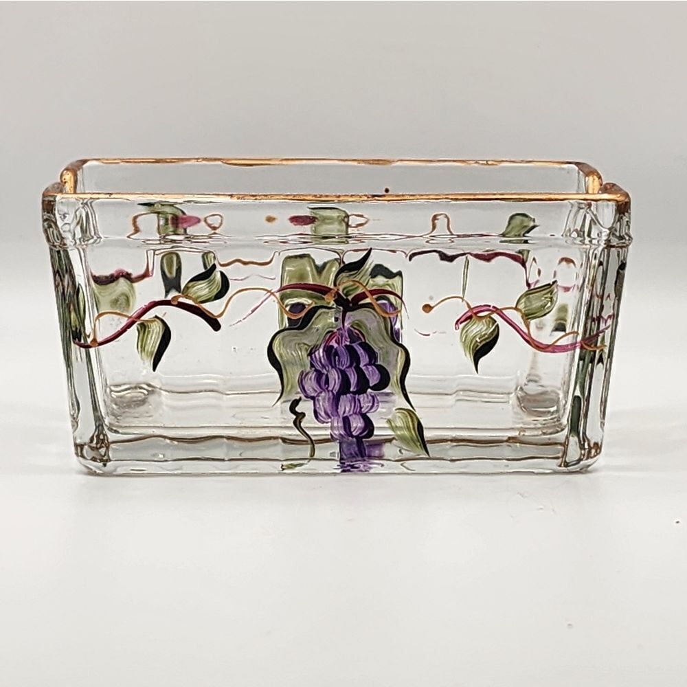 Vintage Hand Painted Grapes Clear Glass Sugar package holder Artist Signed